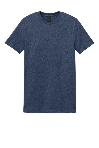 Front View of Heather Navy Gildan Softstyle T-Shirt. 64000 plain