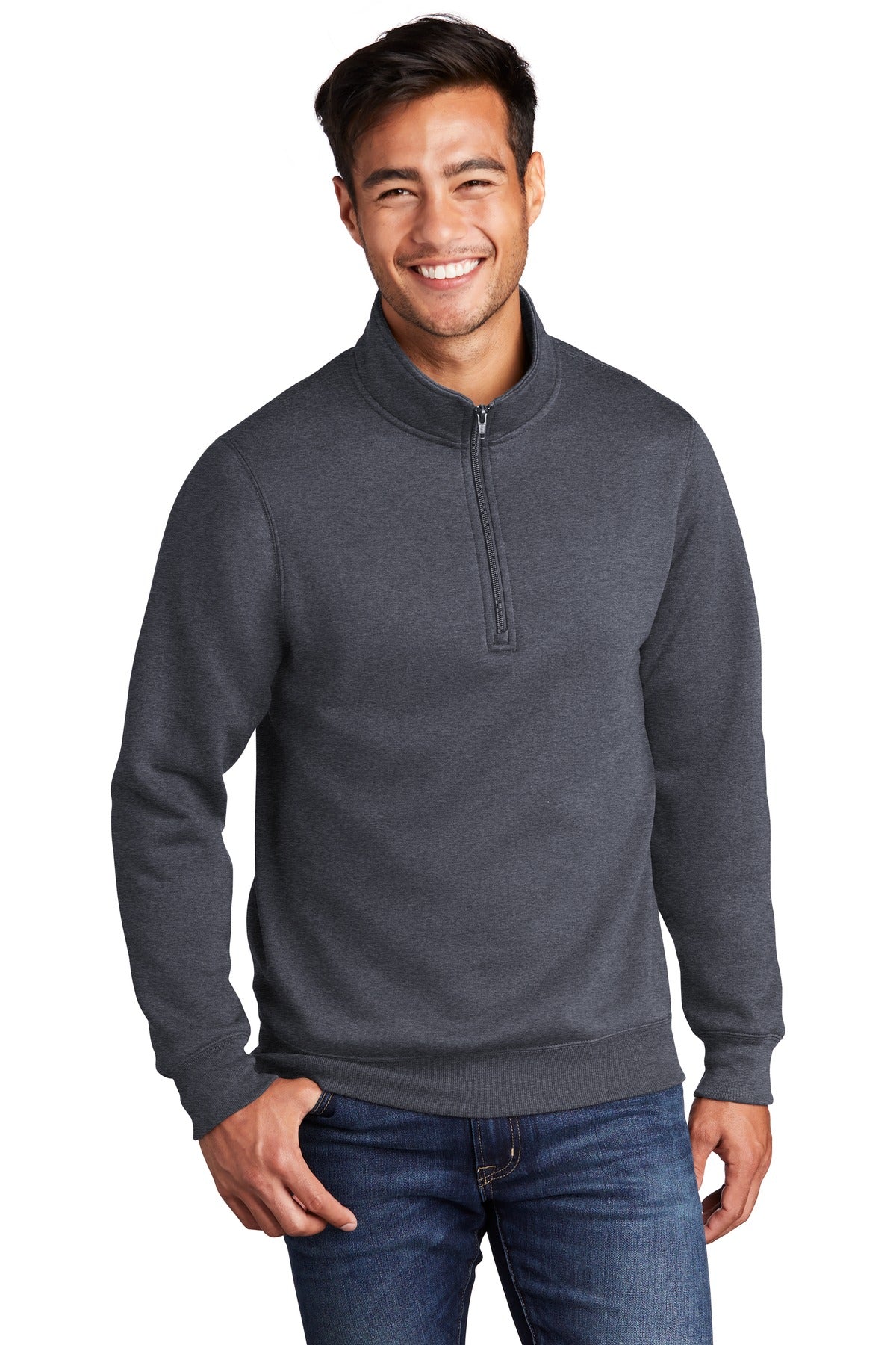 Front View of Heather Navy Port & Co Core Fleece 1/4-Zip Pullover Sweatshirt PC78Q