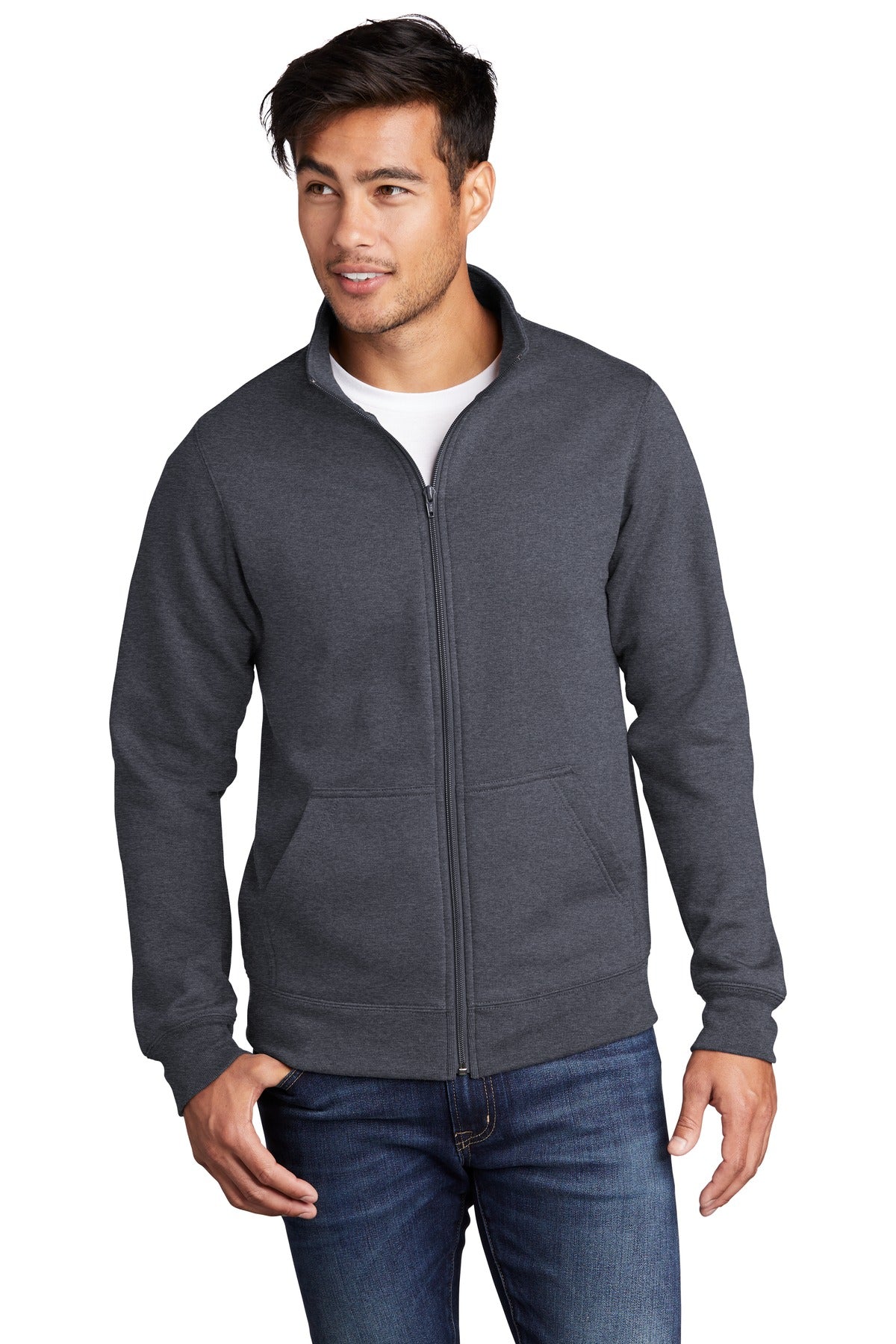 Front View of Heather Navy Port & Co Core Fleece Cadet Full-Zip Sweatshirt PC78FZ plain
