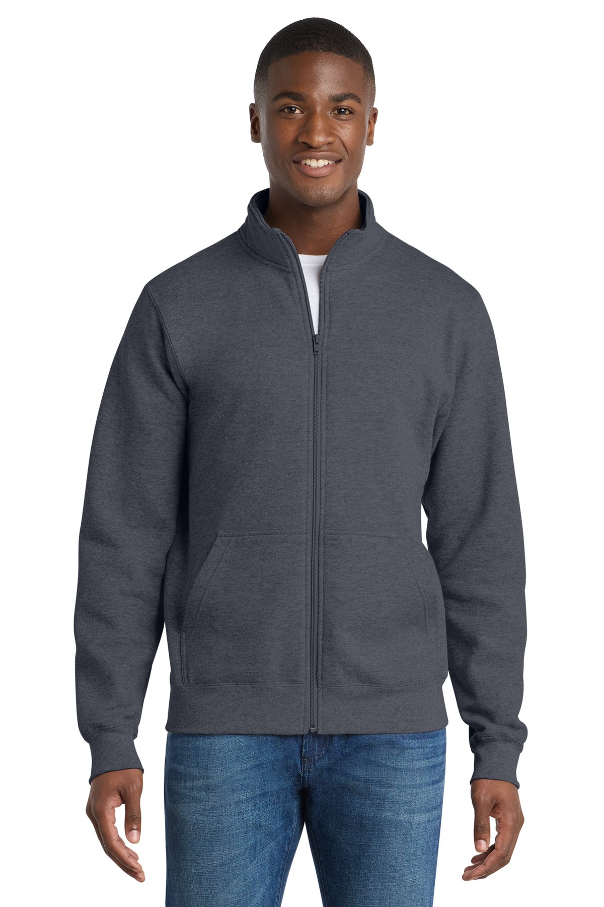 Front View of Heather Navy Port & Co Core Fleece Cadet Full-Zip Sweatshirt PC78FZ plain