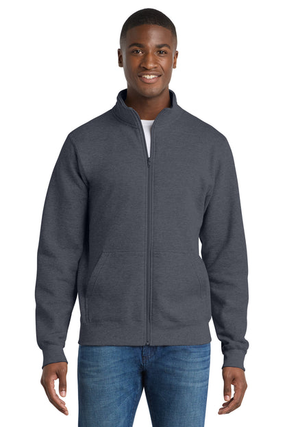 Front View of Heather Navy Port & Co Core Fleece Cadet Full-Zip Sweatshirt PC78FZ plain