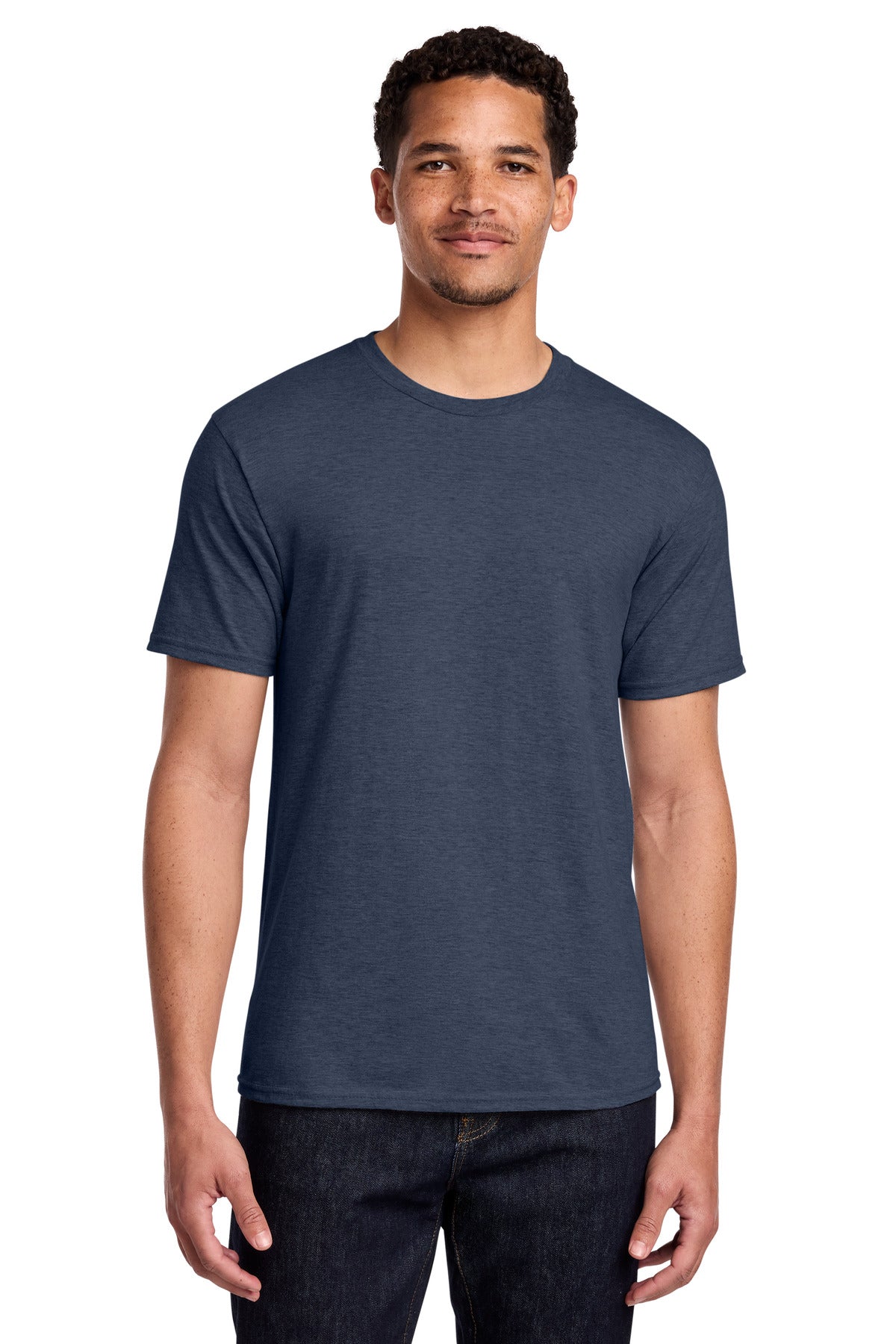 Front View of Heather Navy Port & Co Fan Favorite Tee. PC450 plain