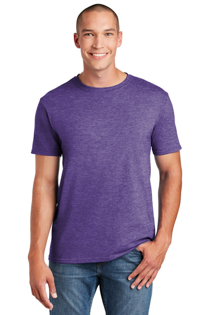 Front View of Heather Purple Gildan Softstyle T-Shirt. 64000 plain