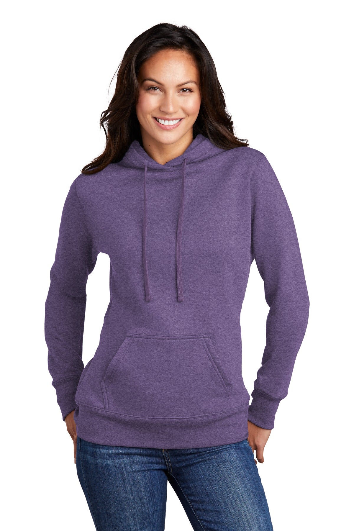 Front View of Heather Purple Port & Co Women's Core Fleece Pullover Hooded Sweatshirt LPC78H plain