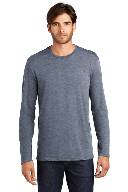 Front View of Heathered Navy District Perfect Weight Long Sleeve Tee. DT105 plain