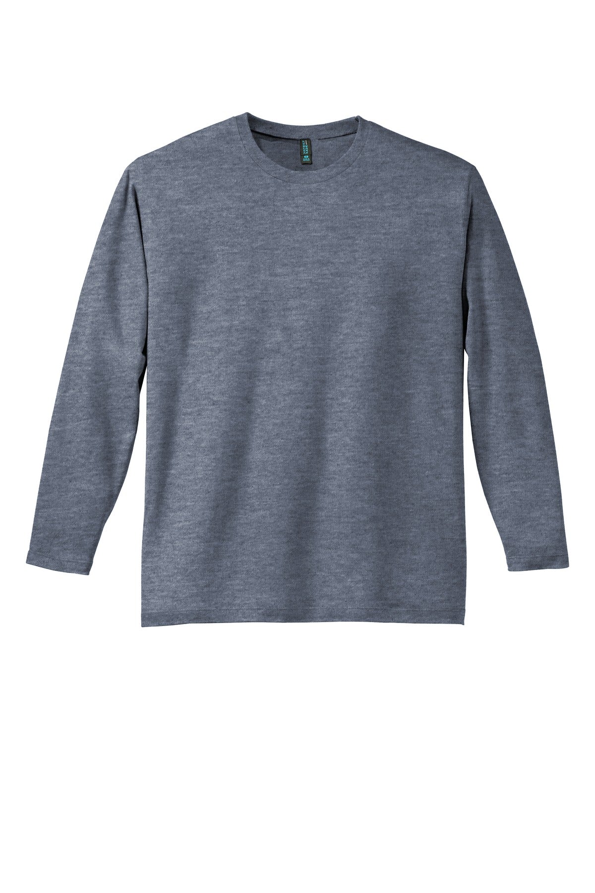 Front View of Heathered Navy District Perfect Weight Long Sleeve Tee. DT105 plain