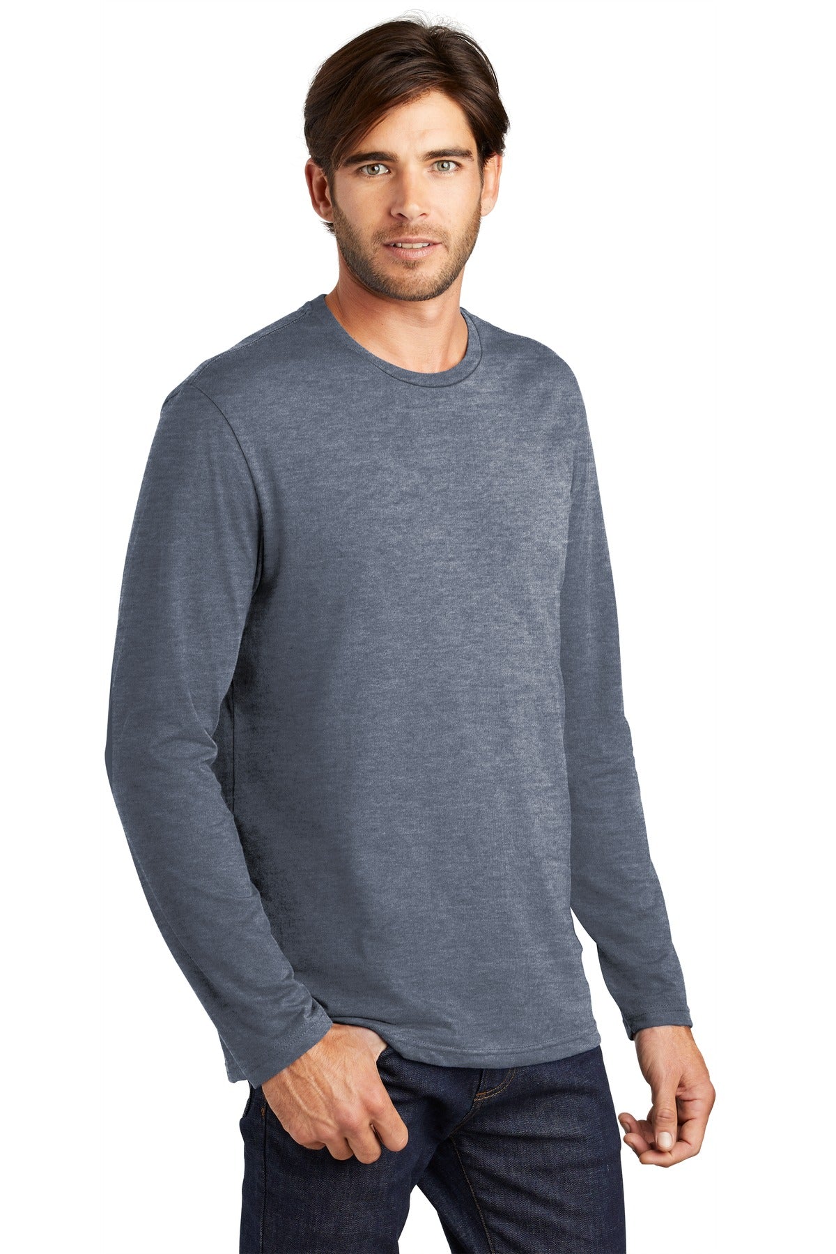 Front View of Heathered Navy District Perfect Weight Long Sleeve Tee. DT105 plain