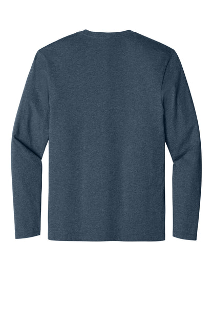 Front View of Heathered Navy District Perfect Weight Long Sleeve Tee. DT105 plain