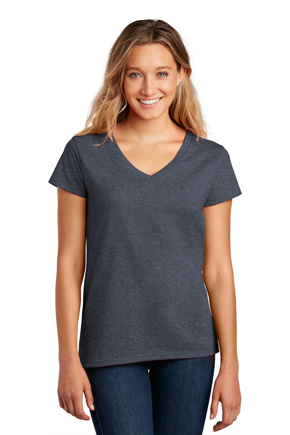 Front View of Heathered Navy District Women's Re-Tee V-Neck DT8001 plain