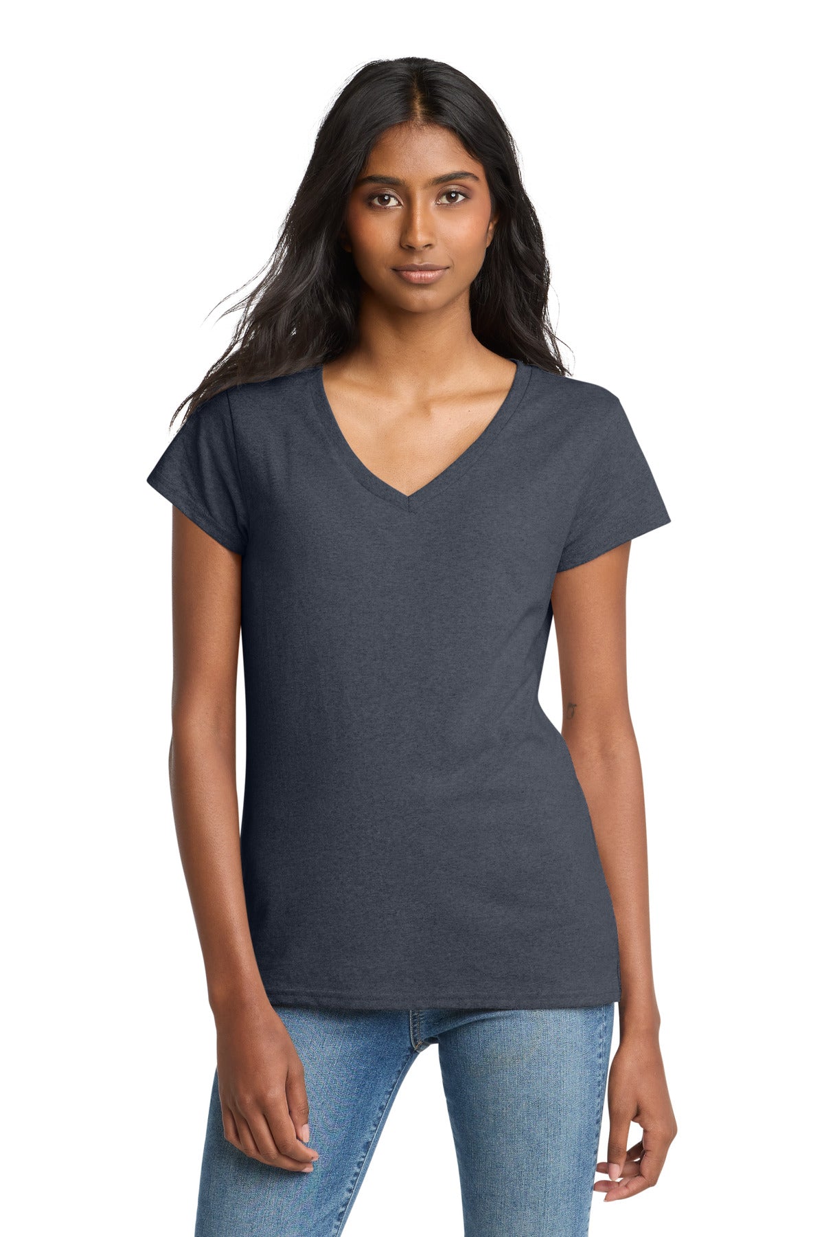 Front View of Heathered Navy District Women's Re-Tee V-Neck DT8001 plain