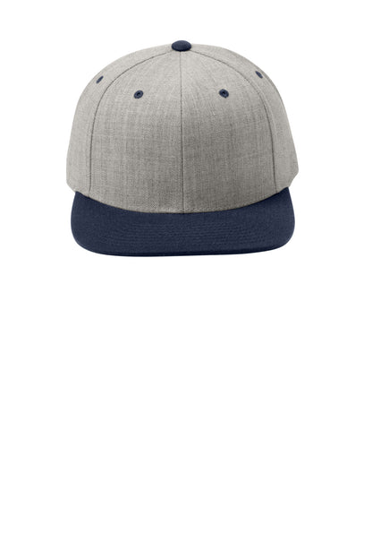 Front View of Heather/Tr Nvy Sport-Tek YP Classics Flat Bill Snapback Cap. STC19 plain
