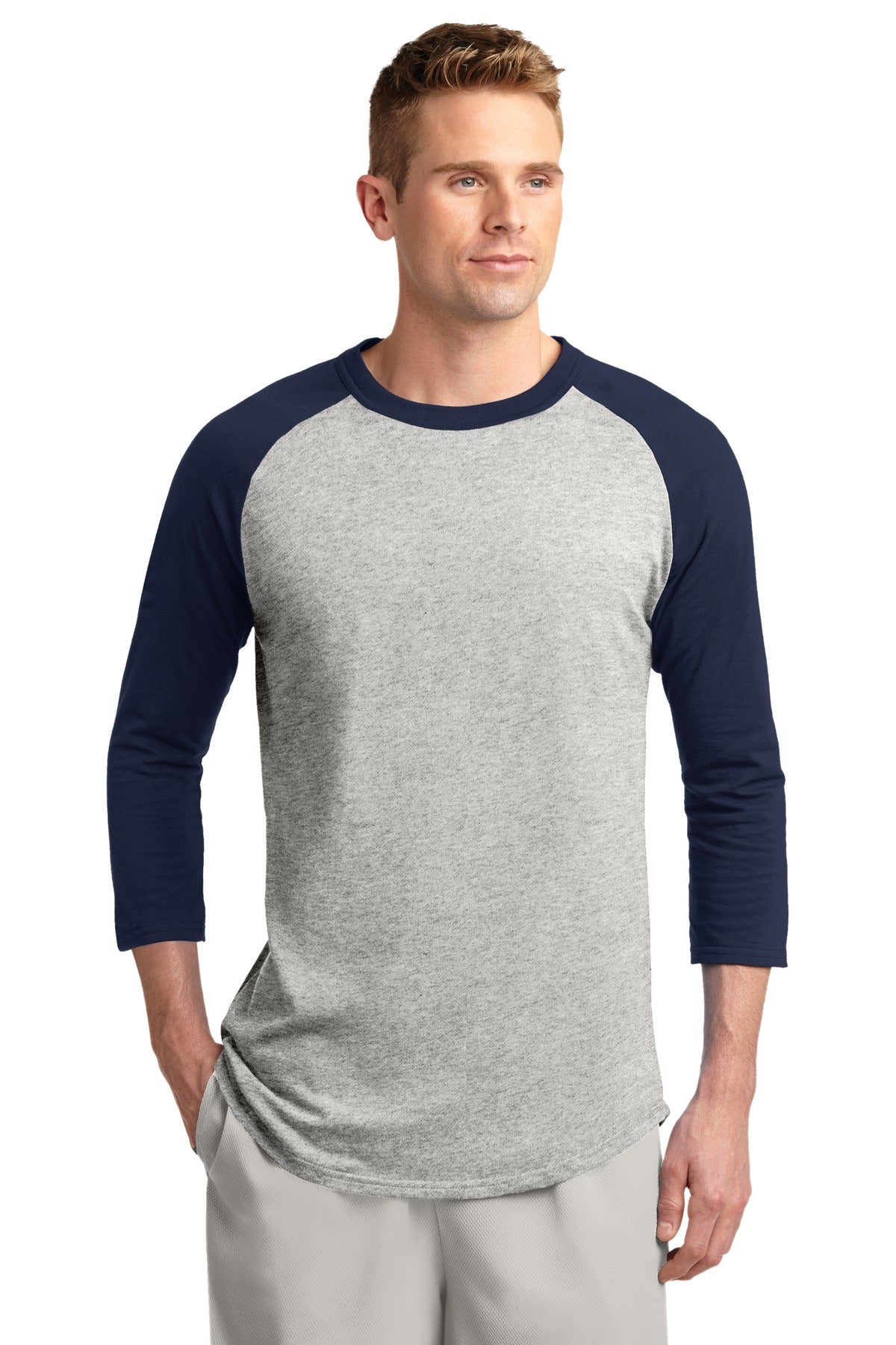 Front View of Heathr/Gry/Nvy Sport-Tek Colorblock Raglan Jersey. T200 plain