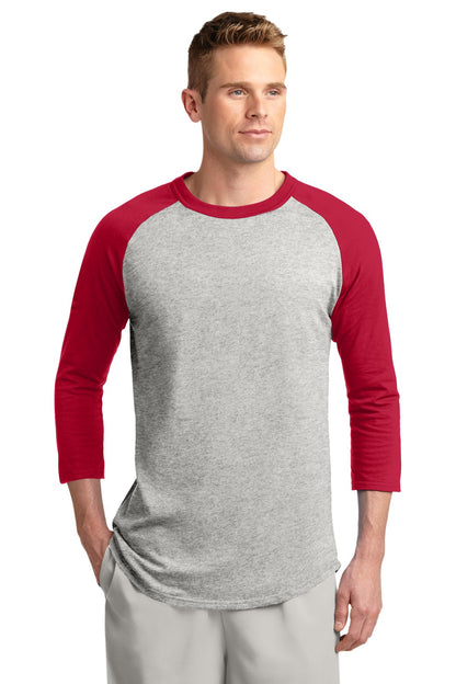Front View of Heathr/Gry/Red Sport-Tek Colorblock Raglan Jersey. T200 plain