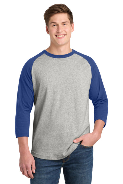 Front View of Heathr/Gry/Roy Sport-Tek Colorblock Raglan Jersey. T200 plain