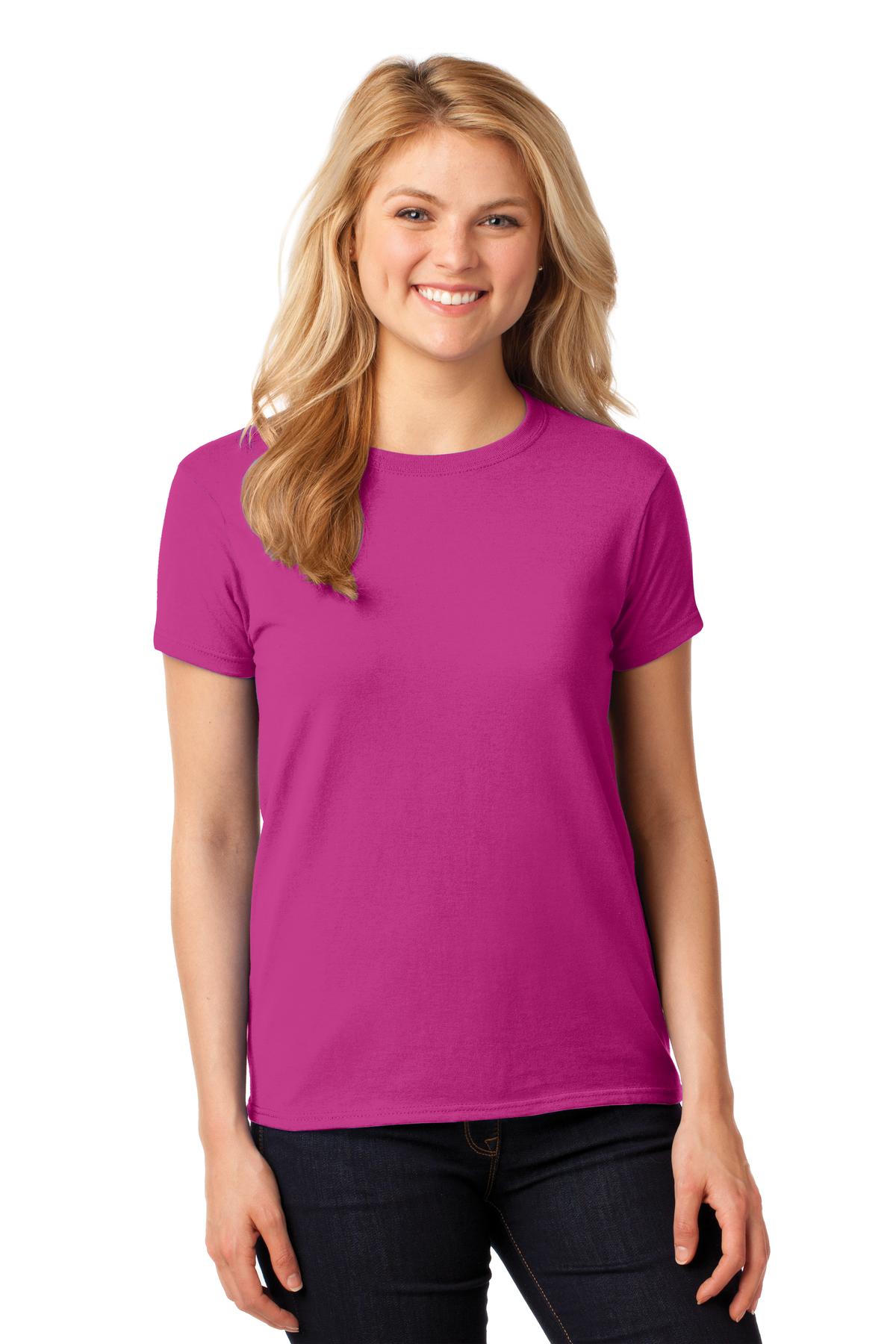 Front View of Heliconia Gildan Women's Heavy Cotton 100% Cotton T-Shirt. 5000L plain