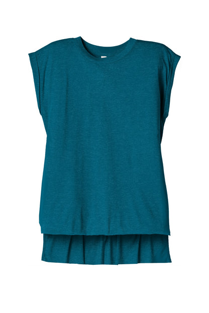 Front View of Ht Deep Teal BELLA+CANVAS Women's Flowy Muscle Tee with Rolled Cuffs BC8804 plain
