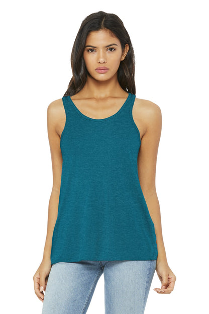 Front View of Ht Deep Teal BELLA+CANVAS Women's Flowy Racerback Tank. BC8800 plain