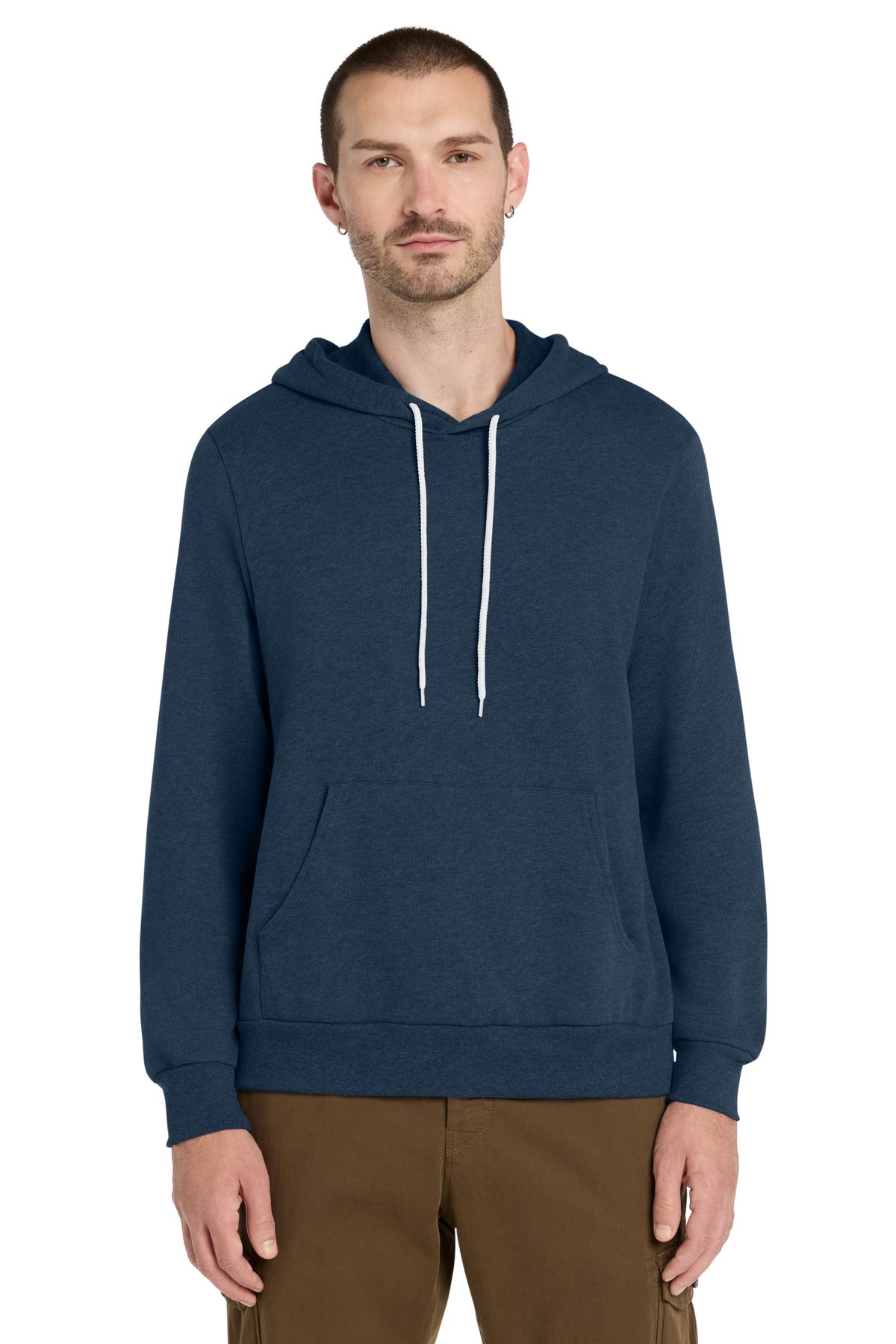 Front View of Ht Navy BELLA+CANVAS Unisex Sponge Fleece Pullover Hoodie. BC3719 plain