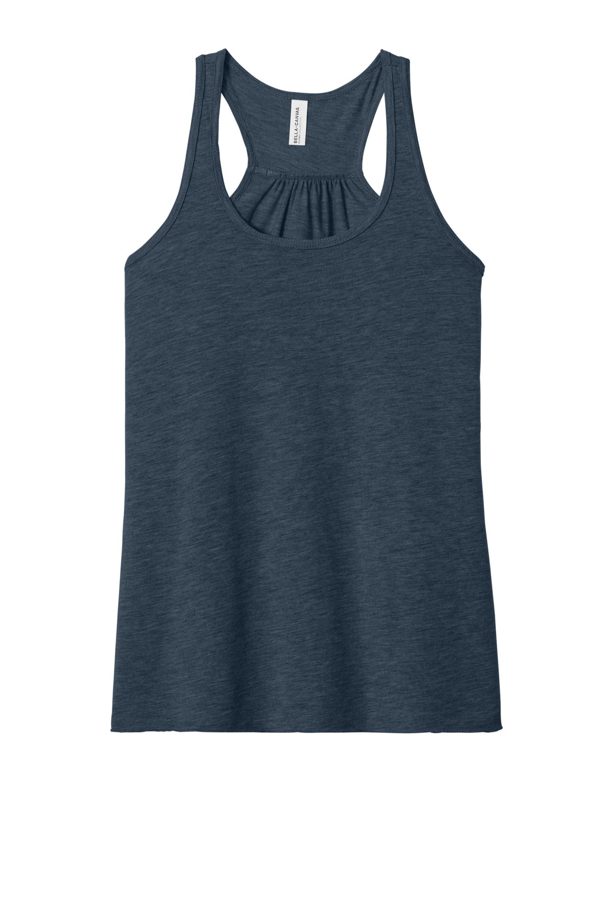 Front View of Ht Navy BELLA+CANVAS Women's Flowy Racerback Tank. BC8800 plain