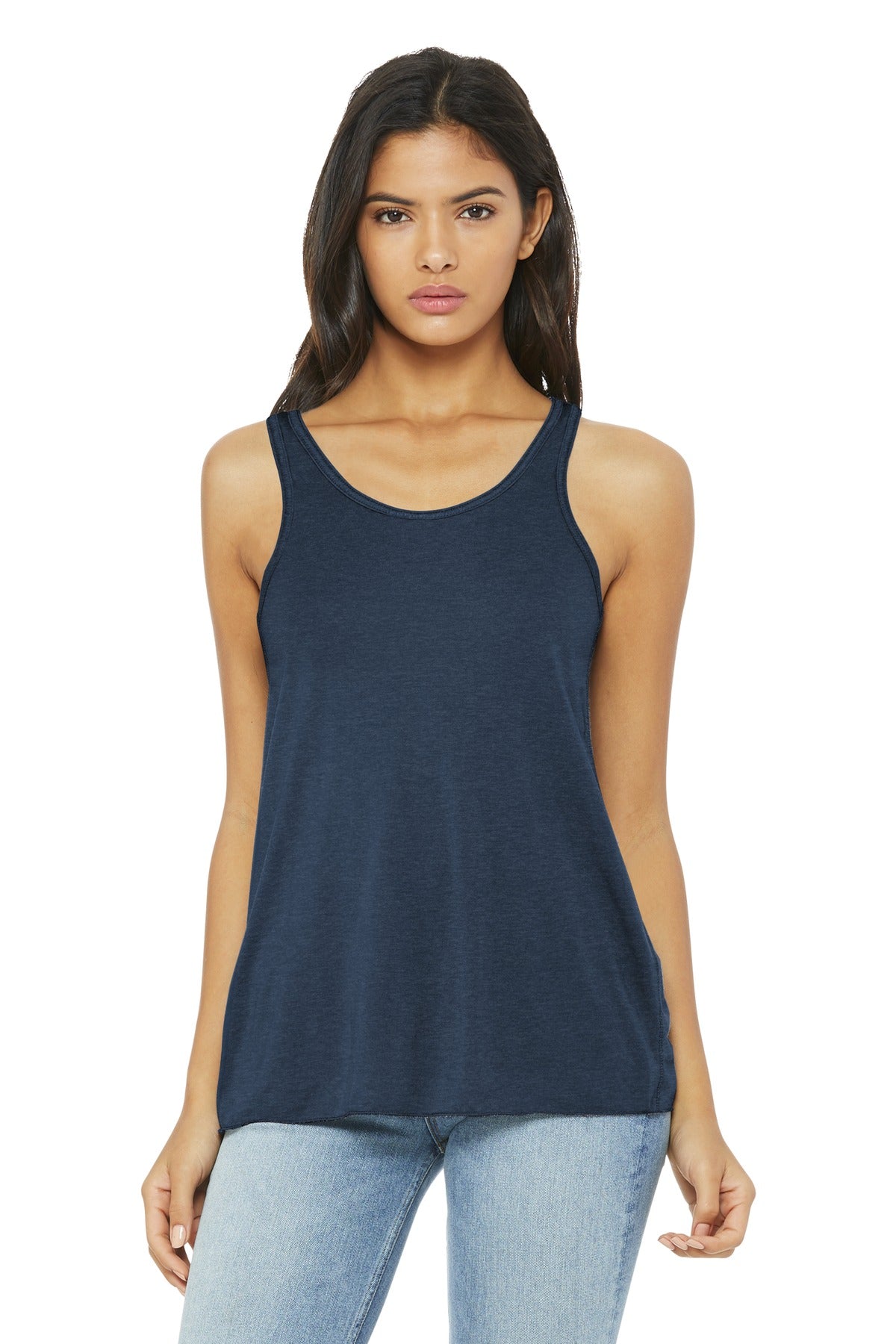Front View of Ht Navy BELLA+CANVAS Women's Flowy Racerback Tank. BC8800 plain