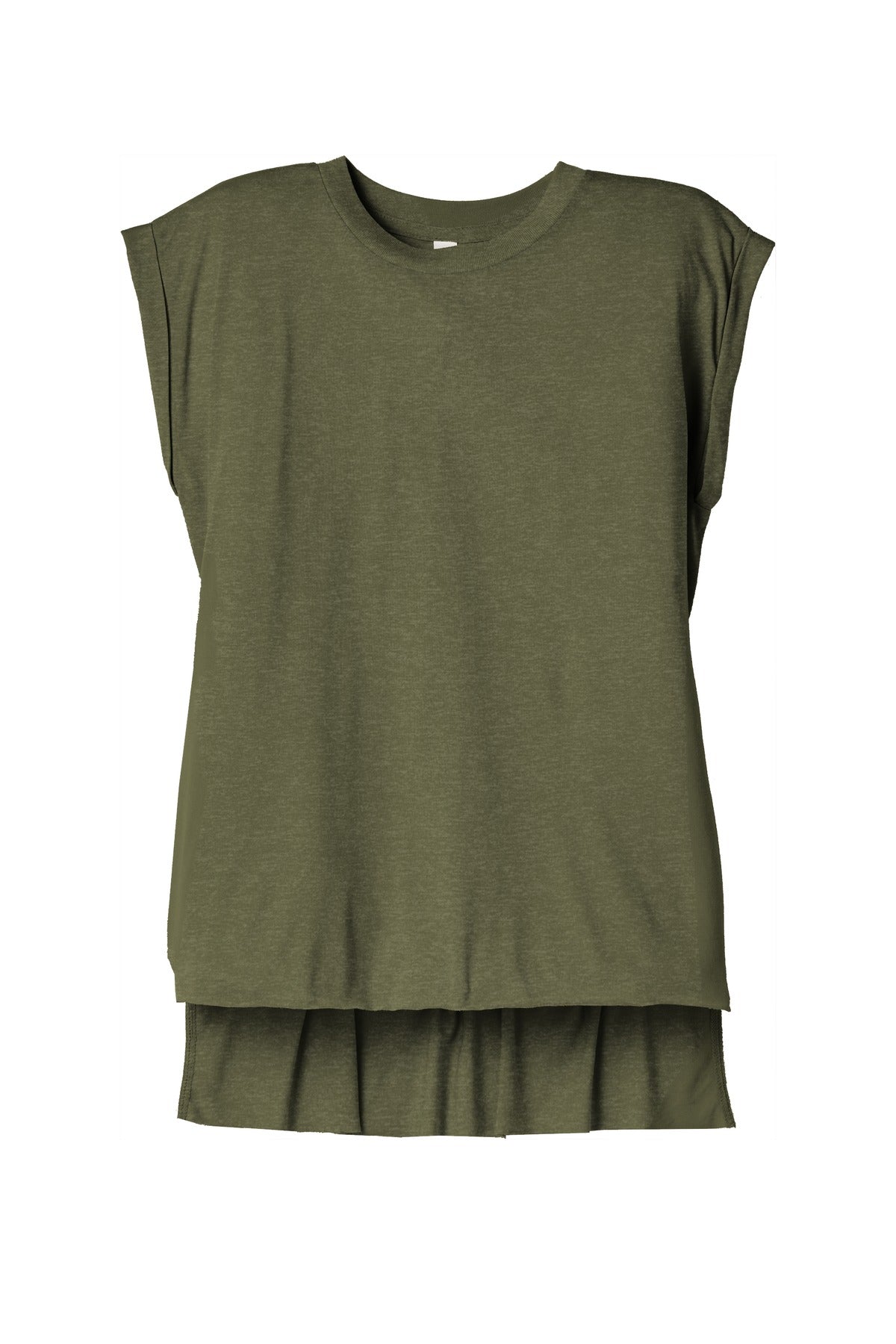 Front View of Ht Olive BELLA+CANVAS Women's Flowy Muscle Tee with Rolled Cuffs BC8804 plain