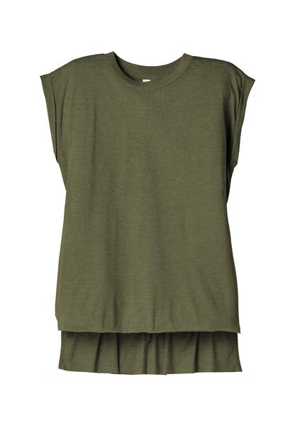 Front View of Ht Olive BELLA+CANVAS Women's Flowy Muscle Tee with Rolled Cuffs BC8804 plain