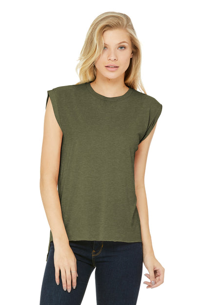 Front View of Ht Olive BELLA+CANVAS Women's Flowy Muscle Tee with Rolled Cuffs BC8804 plain