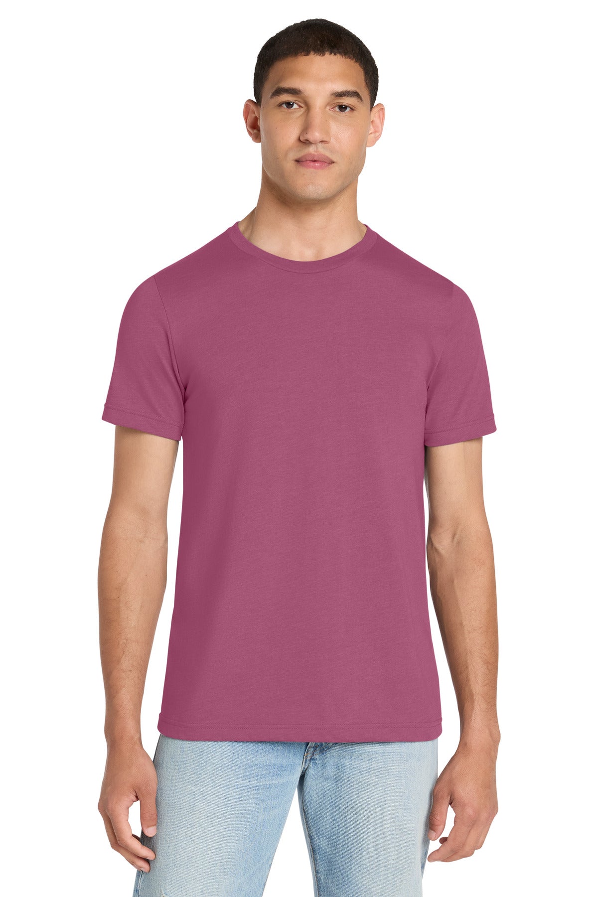 Front View of Ht Raspberry BELLA+CANVAS Unisex Heather CVC Short Sleeve Tee. BC3001CVC plain