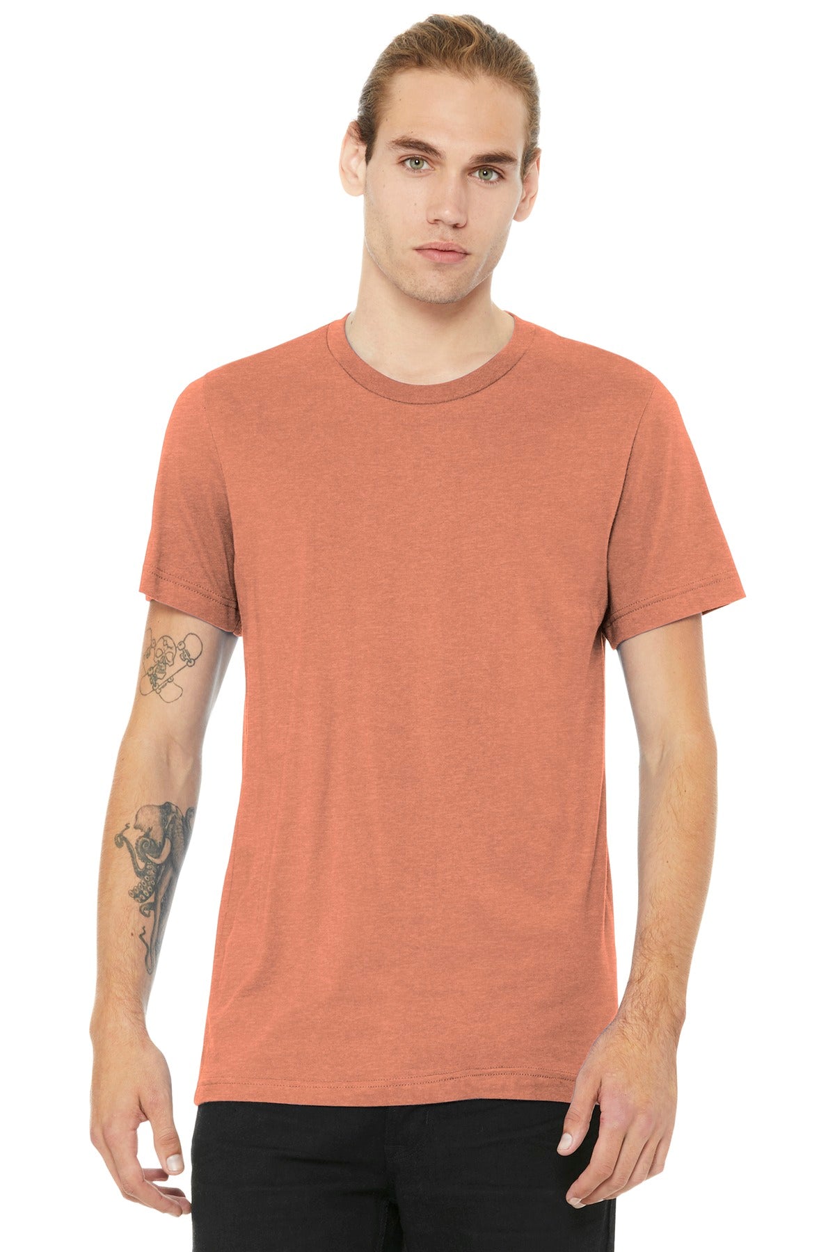 Front View of Ht Sunset BELLA+CANVAS Unisex Heather CVC Short Sleeve Tee. BC3001CVC plain
