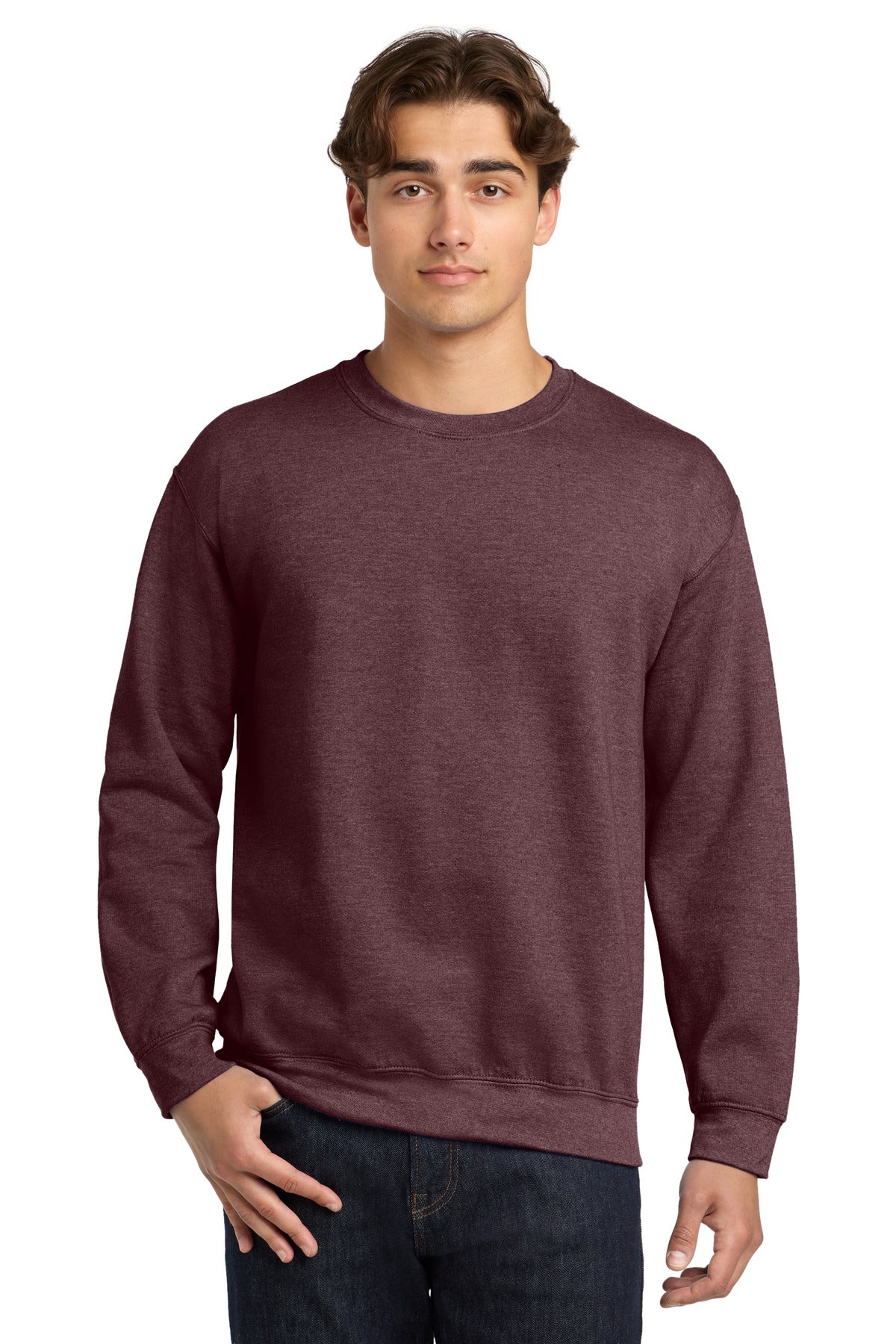 Front View of HtDkMaroon Gildan Heavy Blend Crewneck Sweatshirt. 18000 plain