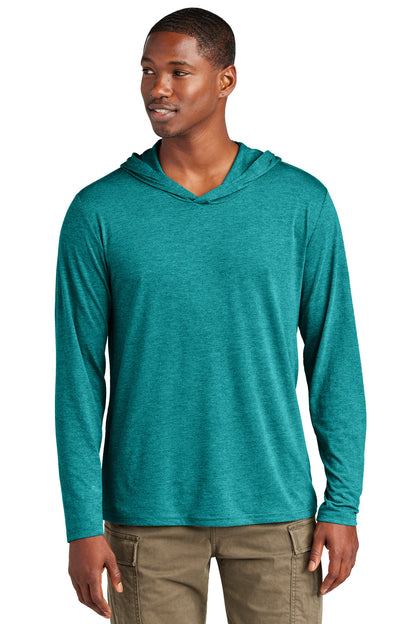Front View of HtdTeal District Perfect Tri Long Sleeve Hoodie. DM139 plain