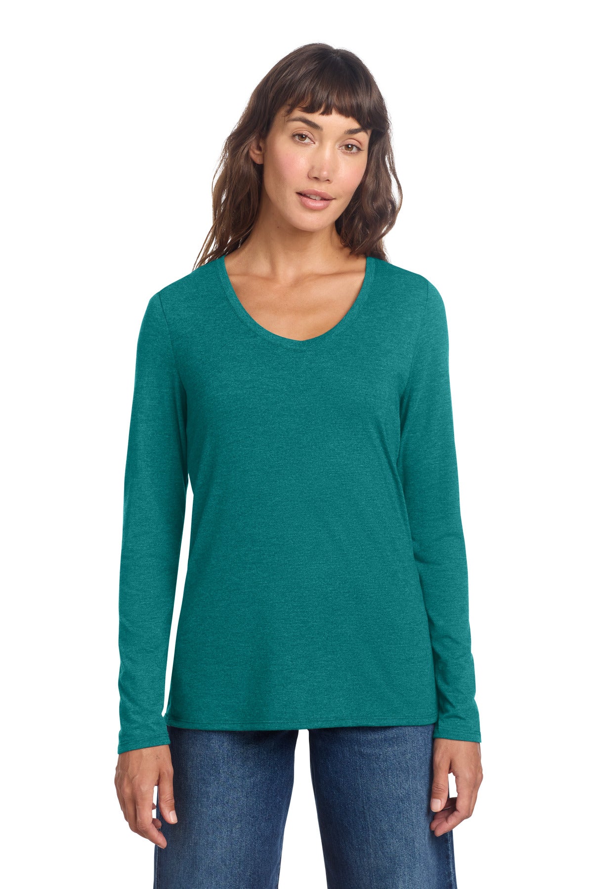 Front View of HtdTeal District Women's Perfect Tri Long Sleeve V-Neck Tee DT135 plain