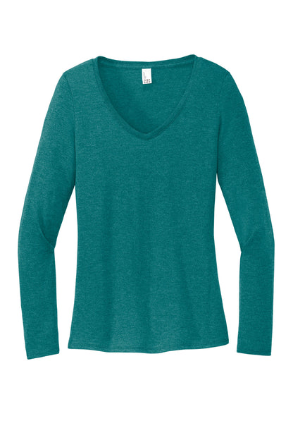 Front View of HtdTeal District Women's Perfect Tri Long Sleeve V-Neck Tee DT135 plain