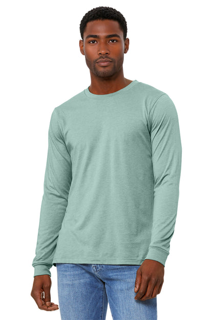 Front View of HtDustyBl BELLA+CANVAS Unisex Heather CVC Long Sleeve Tee BC3501CVC plain