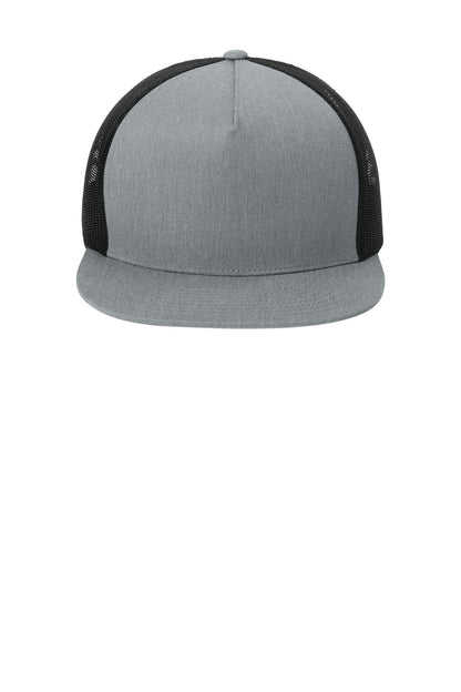 Front View of HtGrey/Blk Sport-Tek YP Classics 5-Panel Classic Trucker Mesh Back Cap. STC38