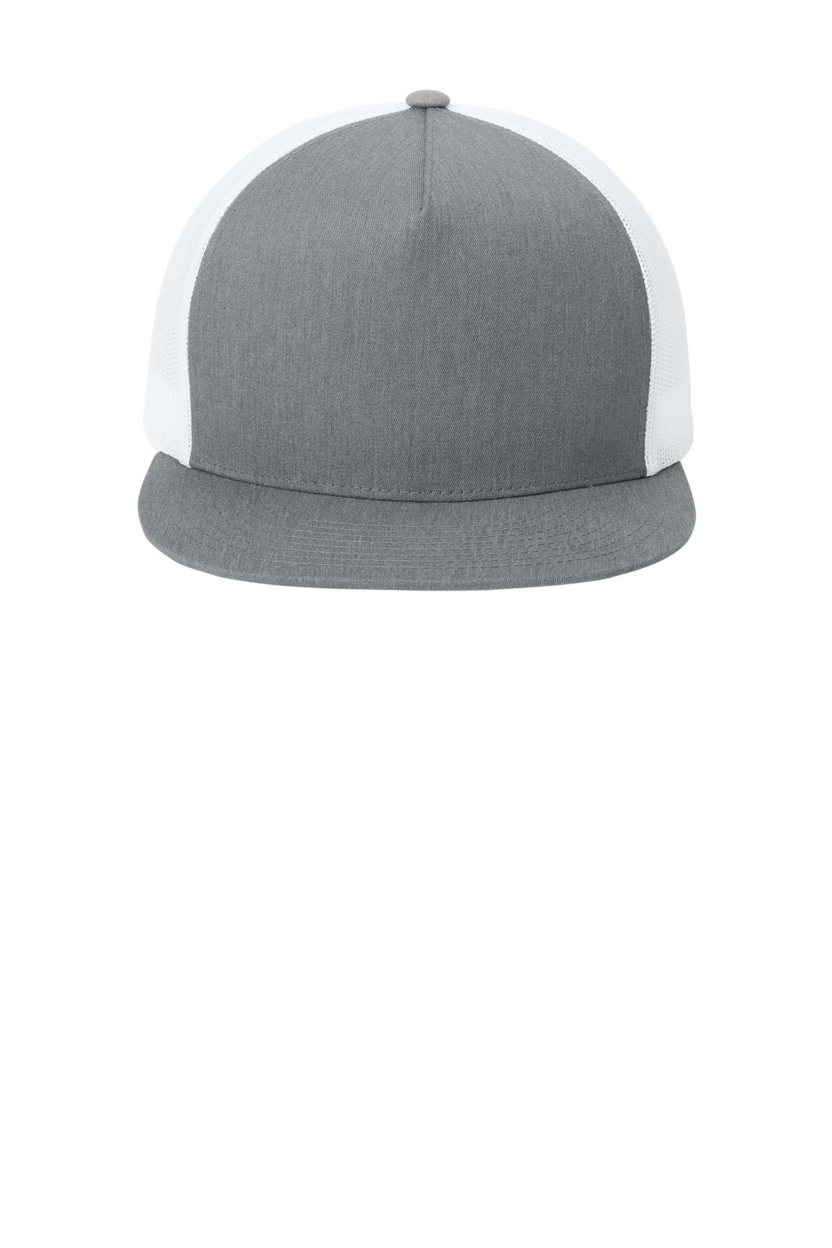 Front View of HtGy/White Sport-Tek YP Classics 5-Panel Classic Trucker Mesh Back Cap. STC38