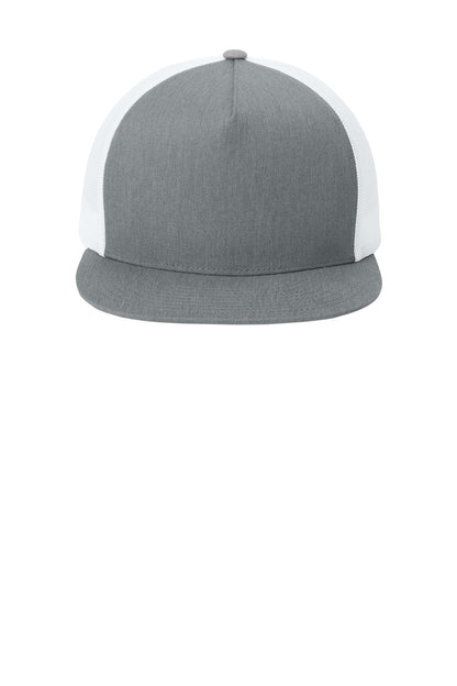 Front View of HtGy/White Sport-Tek YP Classics 5-Panel Classic Trucker Mesh Back Cap. STC38