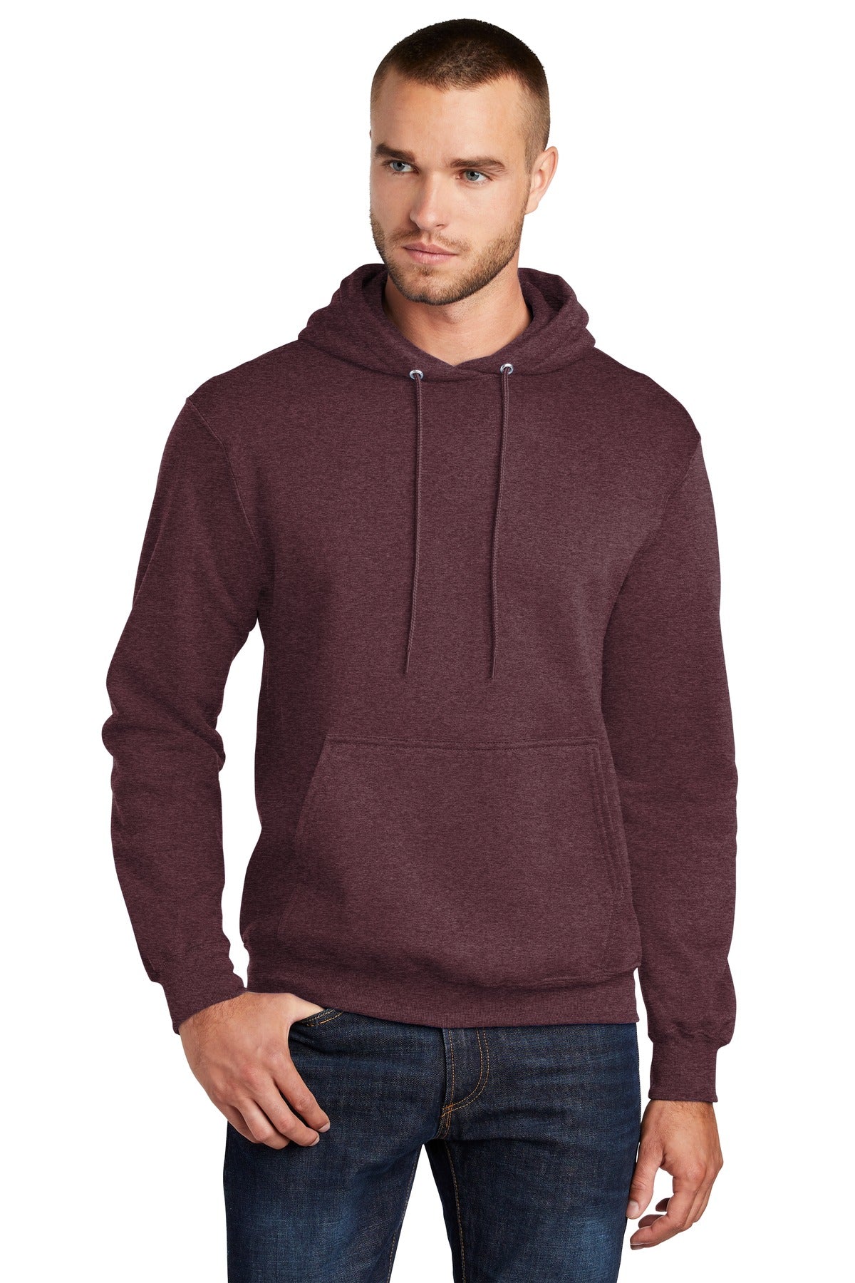 Front View of Hthr Ath Marn Port & Co Core Fleece Pullover Hooded Sweatshirt. PC78H plain