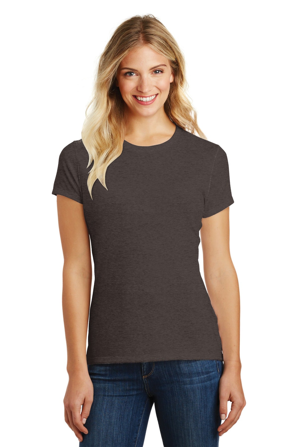 Front View of Hthr Brown District Women's Perfect Blend CVC Tee. DM108L plain