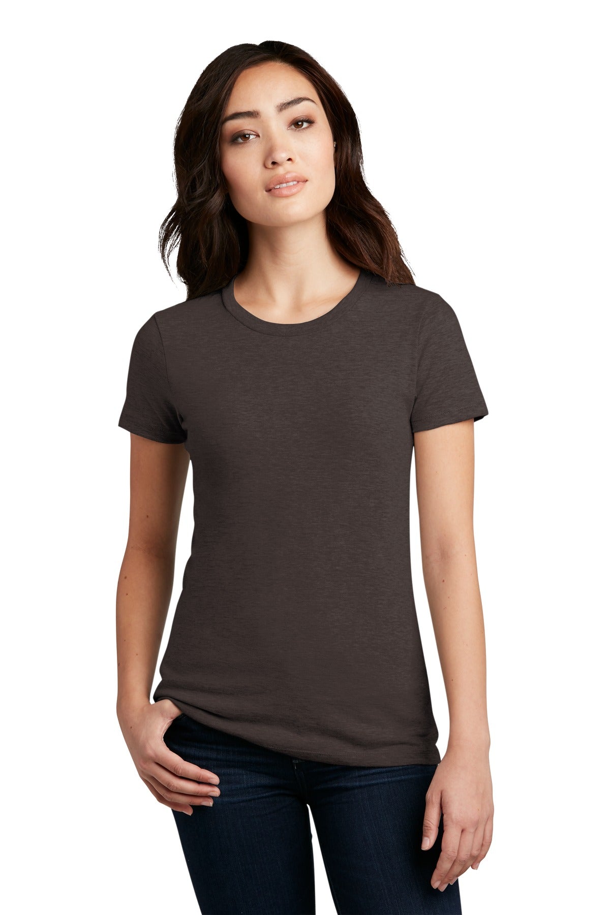 Front View of Hthr Brown District Women's Perfect Blend CVC Tee. DM108L plain