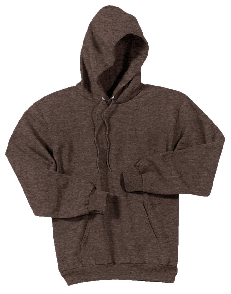 Front View of Hthr Dk Chc Bn Port & Co Core Fleece Pullover Hooded Sweatshirt. PC78H plain