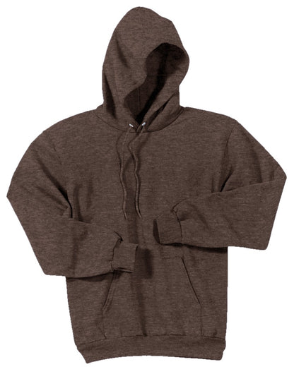 Front View of Hthr Dk Chc Bn Port & Co Core Fleece Pullover Hooded Sweatshirt. PC78H plain