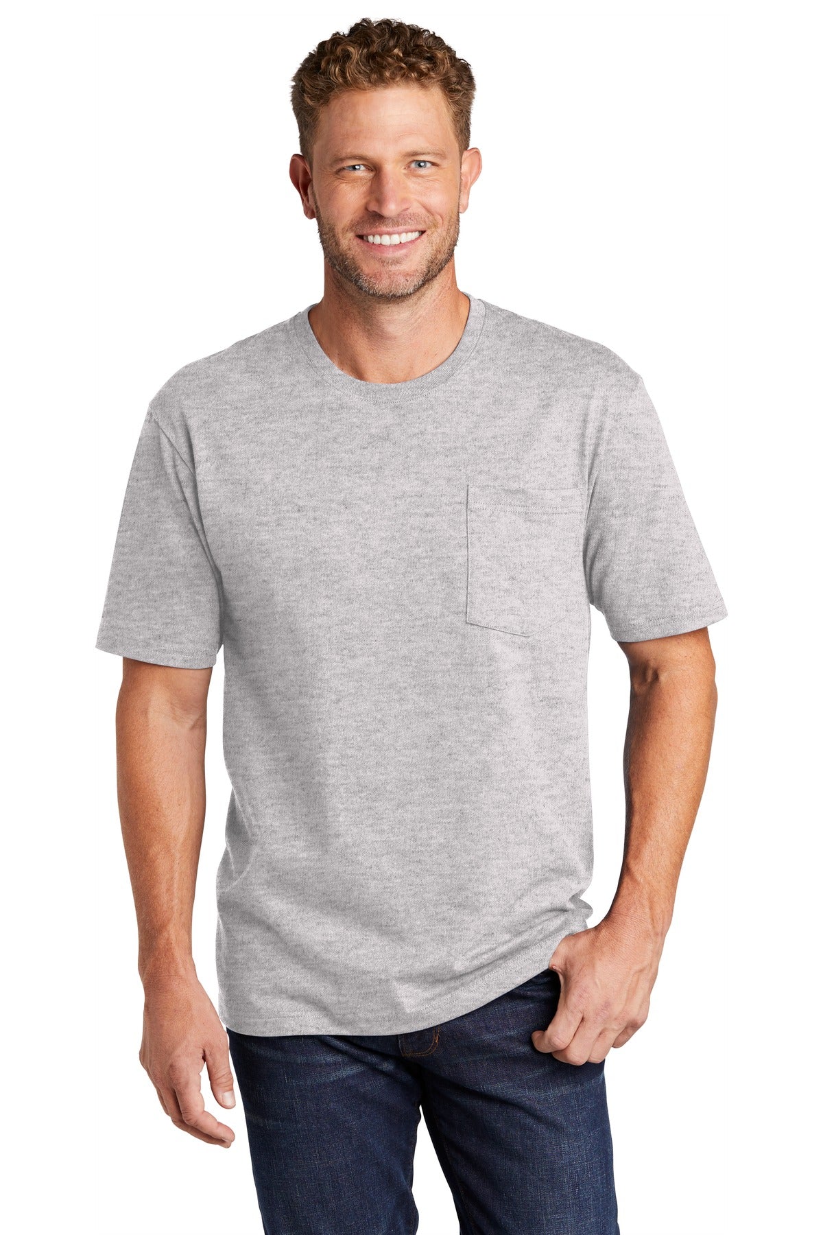 Front View of Hthr Grey CornerStone Workwear Pocket Tee CS430 plain
