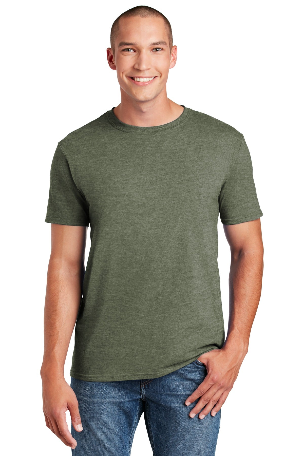 Front View of Hthr Mltry Grn Gildan Softstyle T-Shirt. 64000 plain