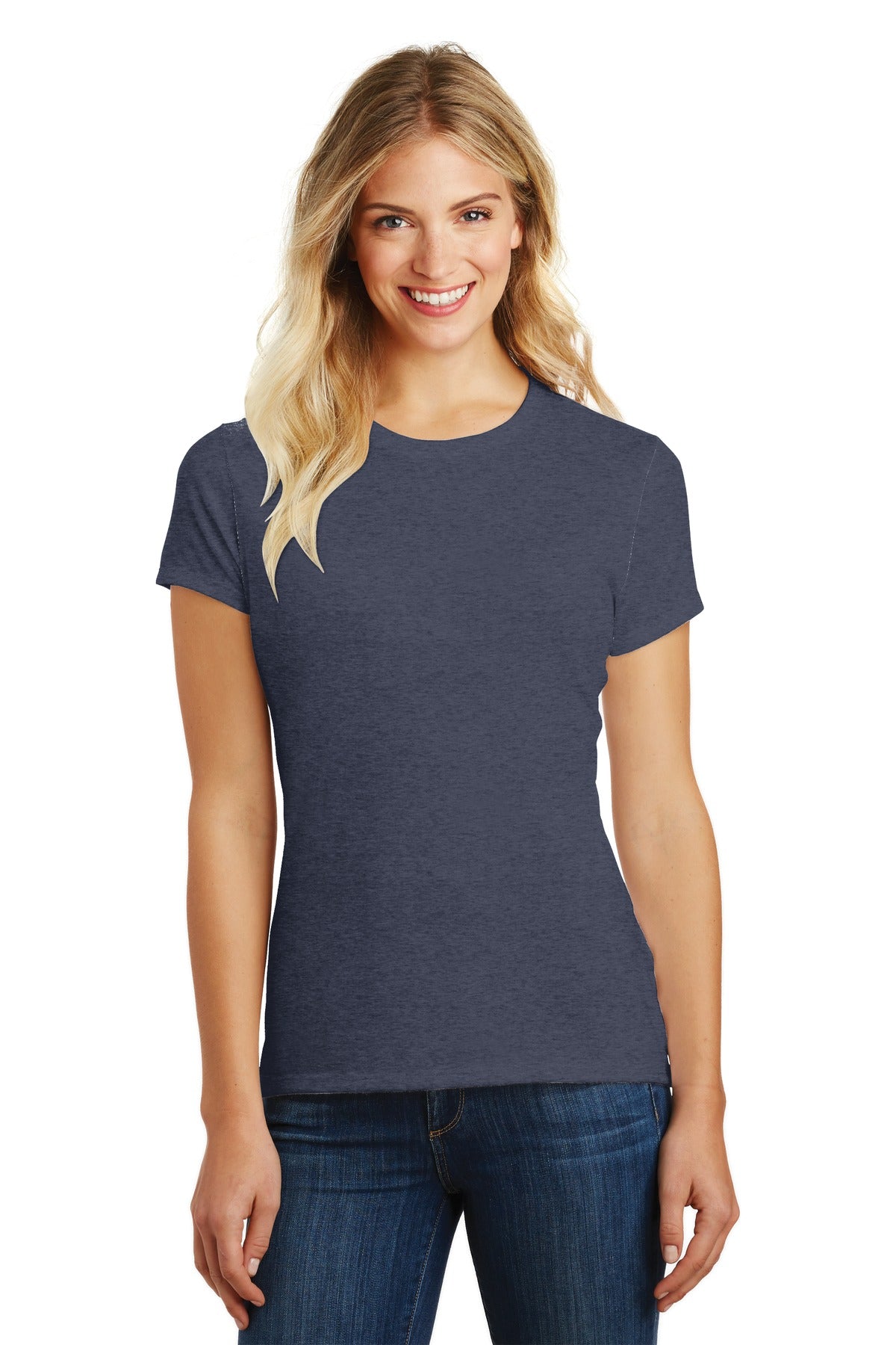 Front View of Hthr Navy District Women's Perfect Blend CVC Tee. DM108L plain