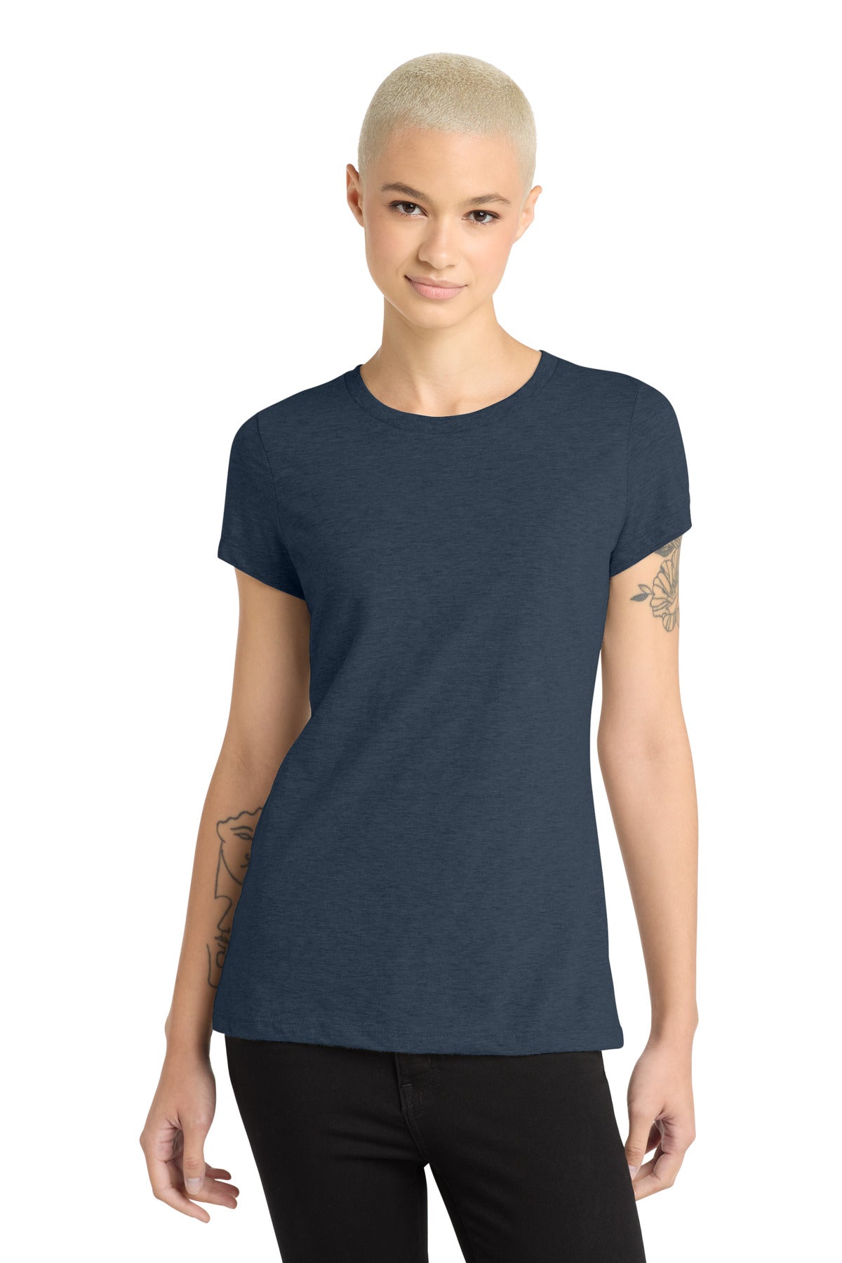 Front View of Hthr Navy District Women's Perfect Blend CVC Tee. DM108L plain