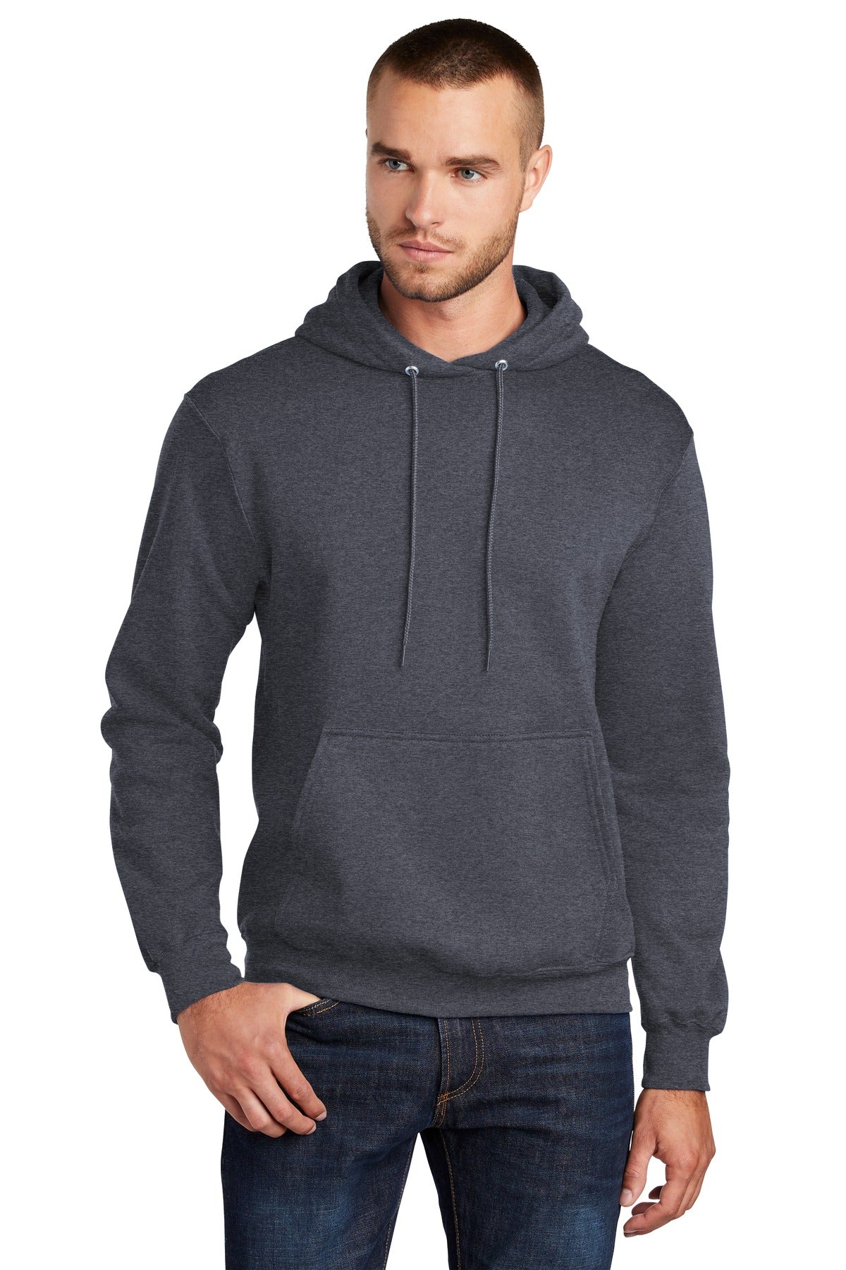 Front View of Hthr Navy Port & Co Core Fleece Pullover Hooded Sweatshirt. PC78H plain