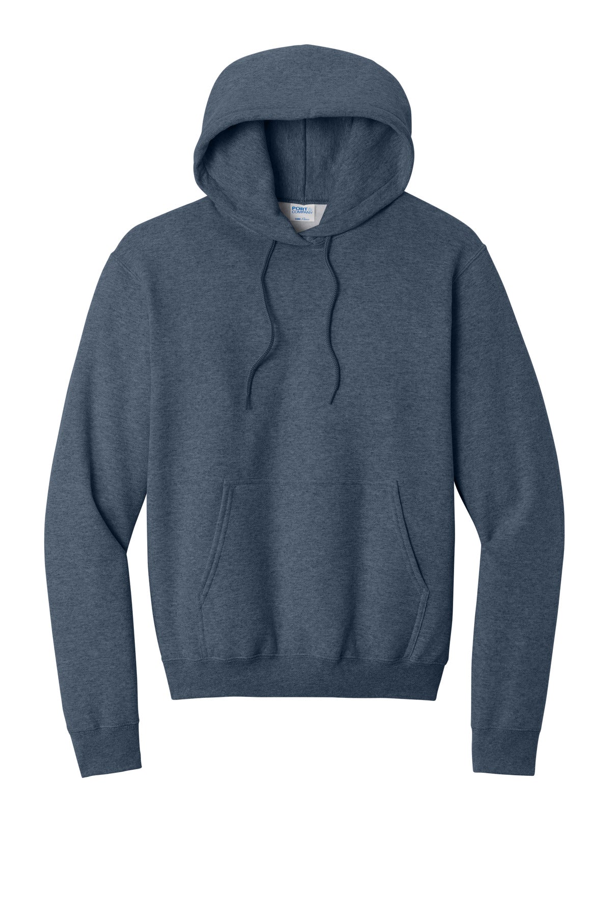 Front View of Hthr Navy Port & Co Core Fleece Pullover Hooded Sweatshirt. PC78H plain