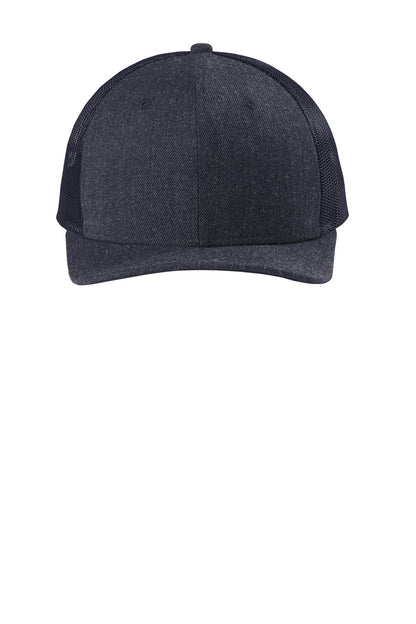 Front View of Hthr Navy/Navy New Era Snapback Low Profile Trucker Cap NE207 plain