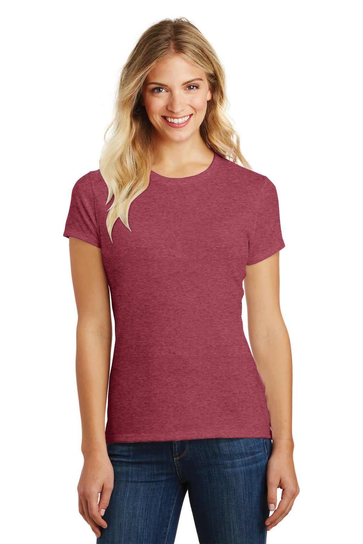 Front View of Hthr Red District Women's Perfect Blend CVC Tee. DM108L plain